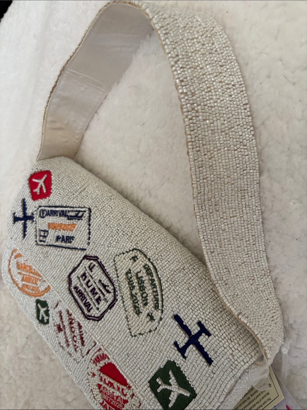 Beaded White Travel-Stamp Shoulder Bag - Picture 5 of 7
